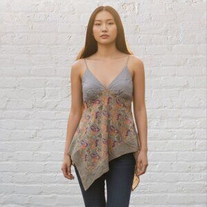 DKNY JEANS -- Halter Top, Beige Paisley Print w/Asymmetrical Hem & Spag Straps